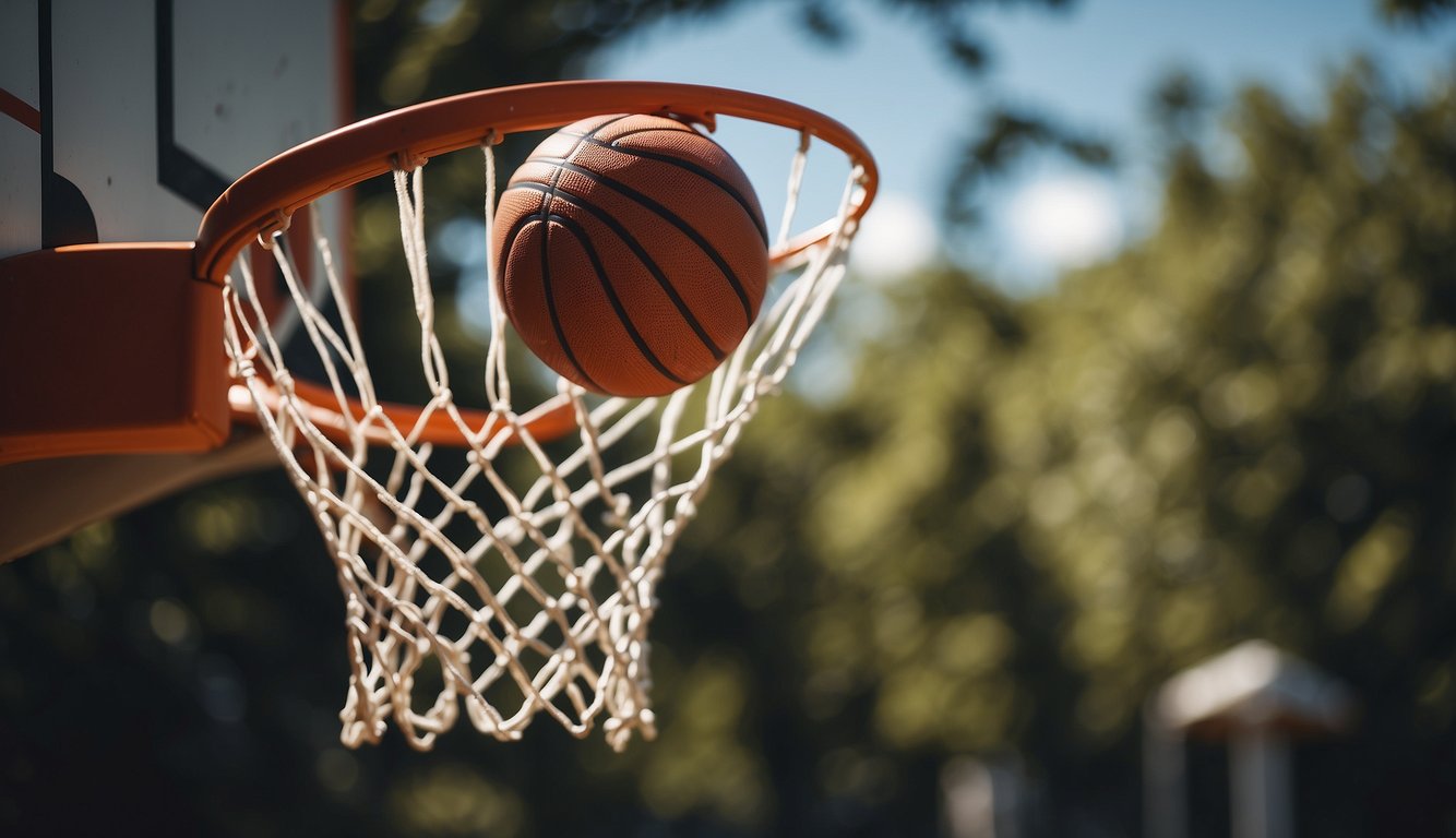 A basketball hoop with a ball going through the net, surrounded by young athletes and beginners practicing shooting