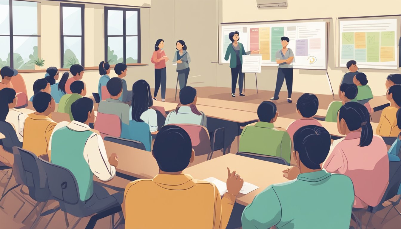 Students gather around a sign with "Frequently Asked Questions" at a spring tuition centre. A teacher points to the sign, while others engage in discussion