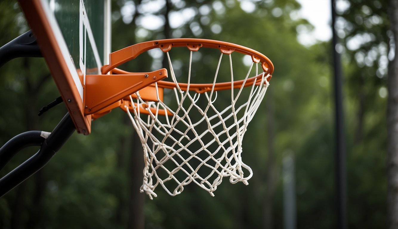 A new basketball backboard is being installed onto a metal pole, with a hoop and net ready for play