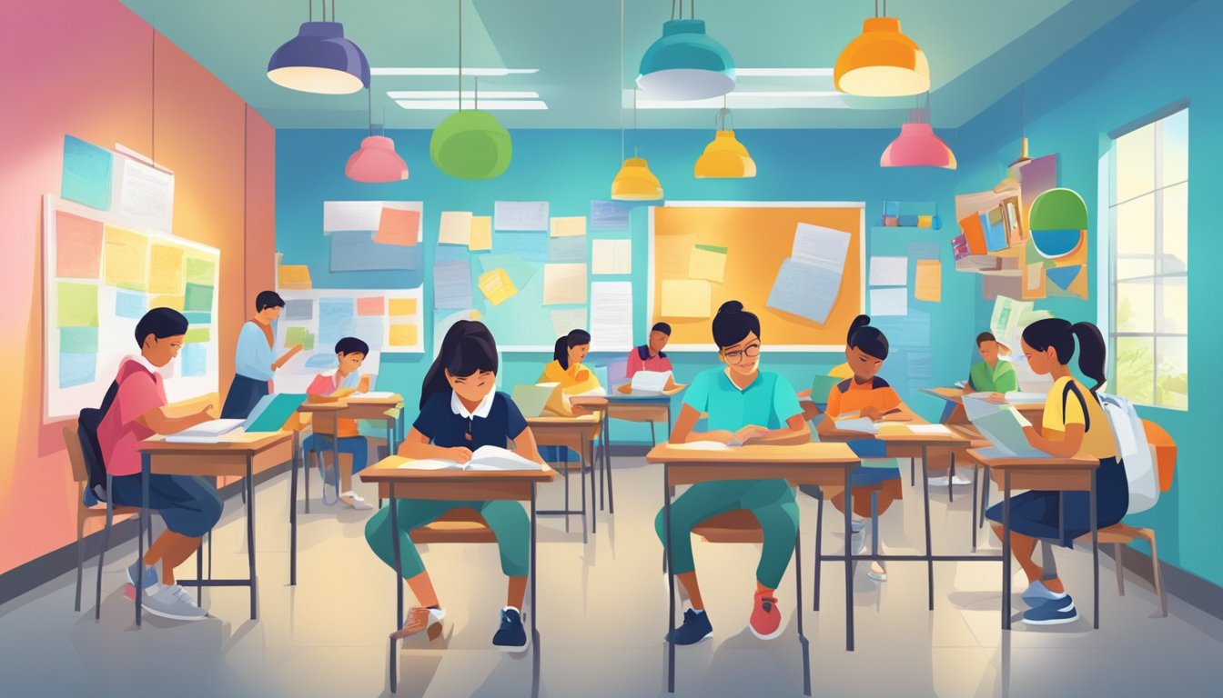 A bustling tuition centre with students studying, teachers instructing, and colorful educational materials decorating the walls
