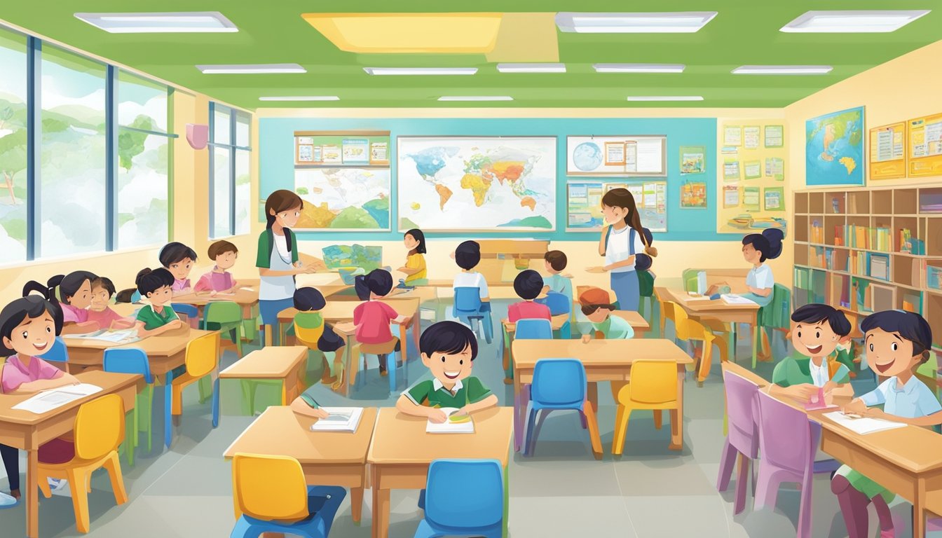 A bright and welcoming classroom at Temasek Tuition Centre, with colorful educational posters on the walls and students engaged in learning activities
