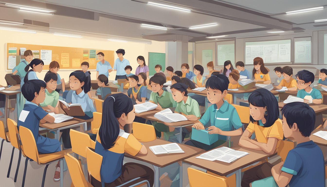 A group of students gather around a sign that reads "Frequently Asked Questions" at the Temasek tuition centre. The students appear engaged and curious as they read the information provided