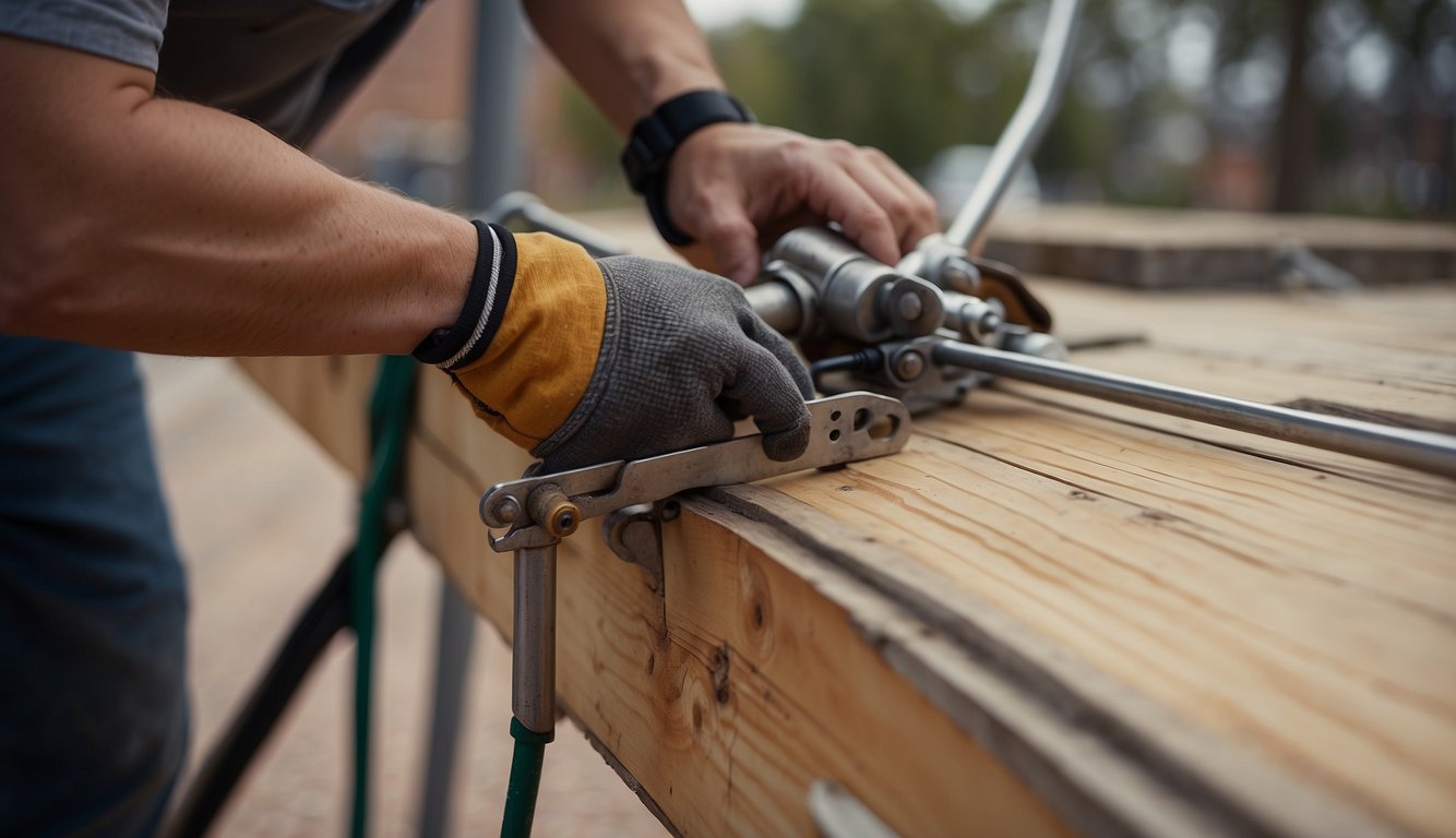 A person unscrews old backboard, attaches new one to pole, and tightens screws