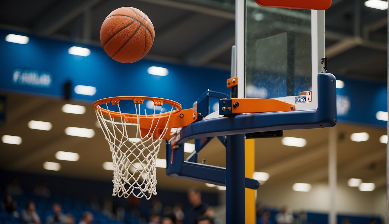 A new basketball backboard is being installed onto a pole by a supplier. The replacement product is being securely fastened in place