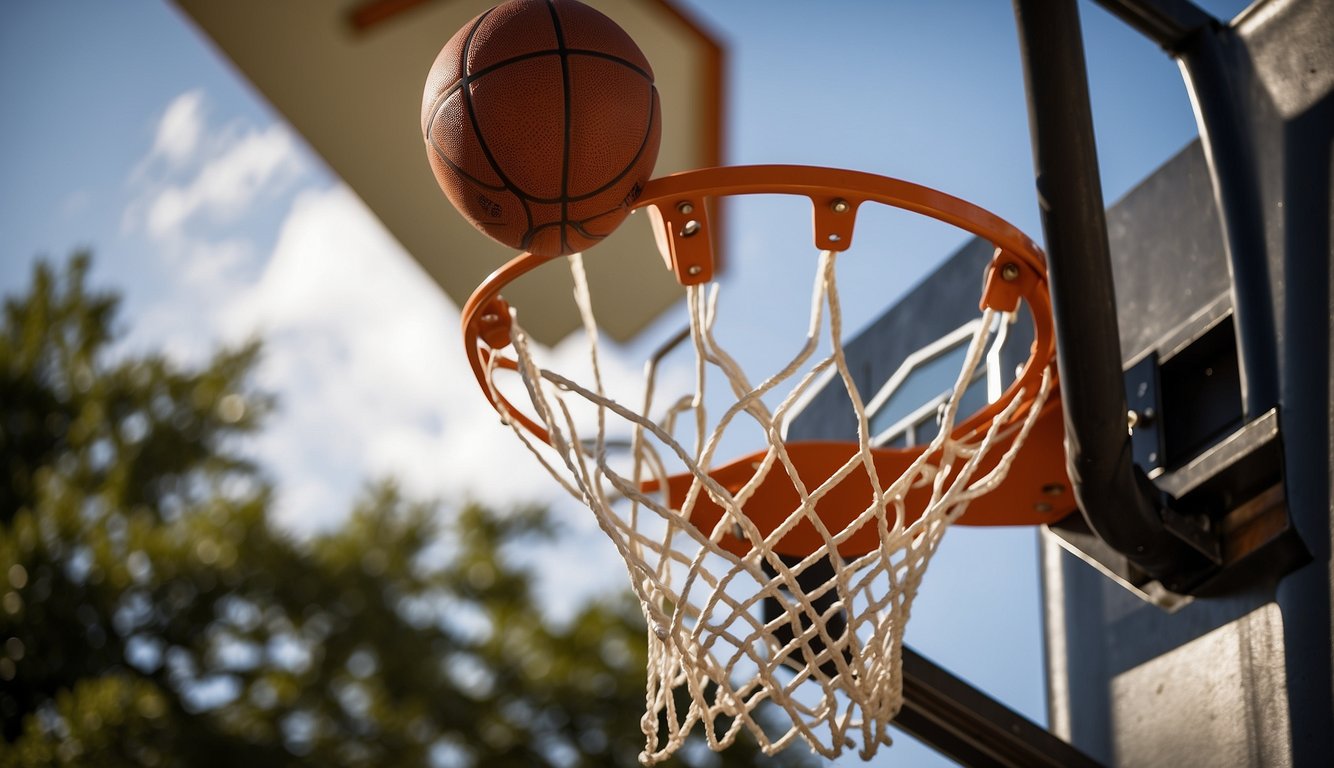 A new basketball backboard is being installed on a pole, enhancing the playing experience. The old backboard is being removed and replaced with a shiny new one