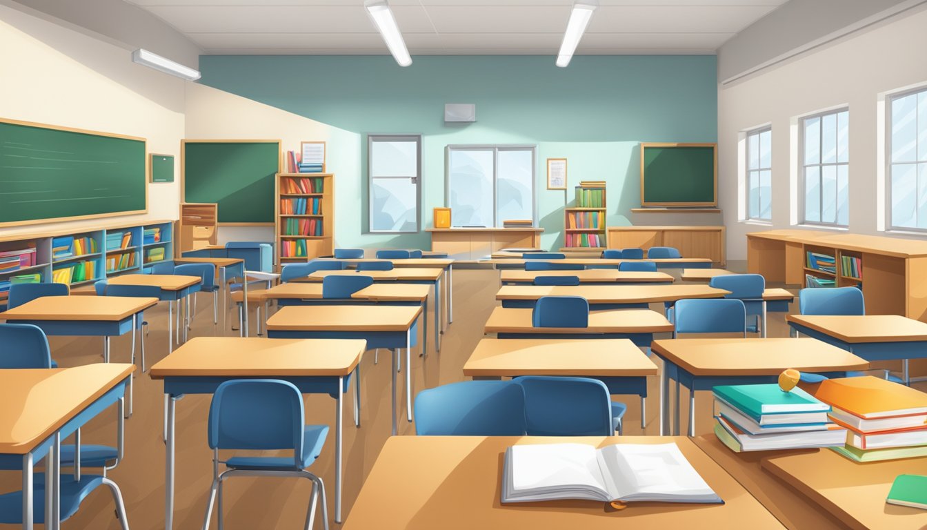 A classroom with desks and chairs arranged in rows, a whiteboard at the front, and textbooks and school supplies on the students