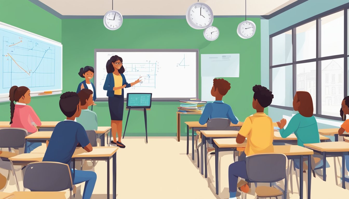 A classroom with math problems on the whiteboard, students engaged in discussion, and a teacher providing guidance
