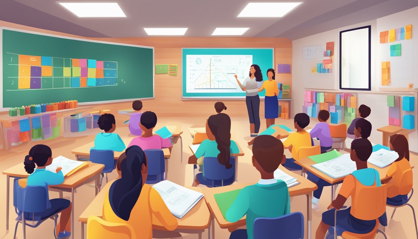 A classroom filled with colorful math materials and students engaged in learning activities, with a teacher leading a dynamic and interactive math tuition programme