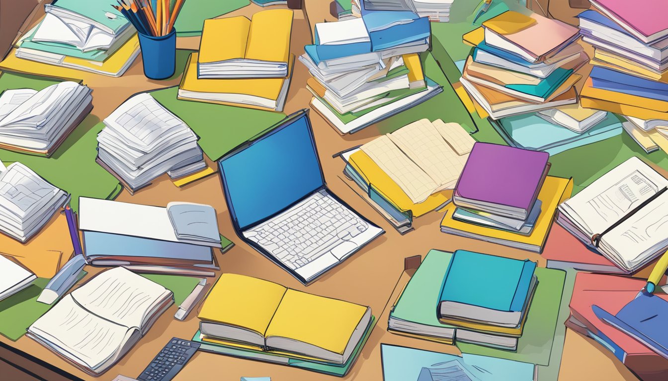A colorful array of textbooks, workbooks, and educational materials spread out on a table, surrounded by eager students and a dedicated teacher at Jaycee Tuition