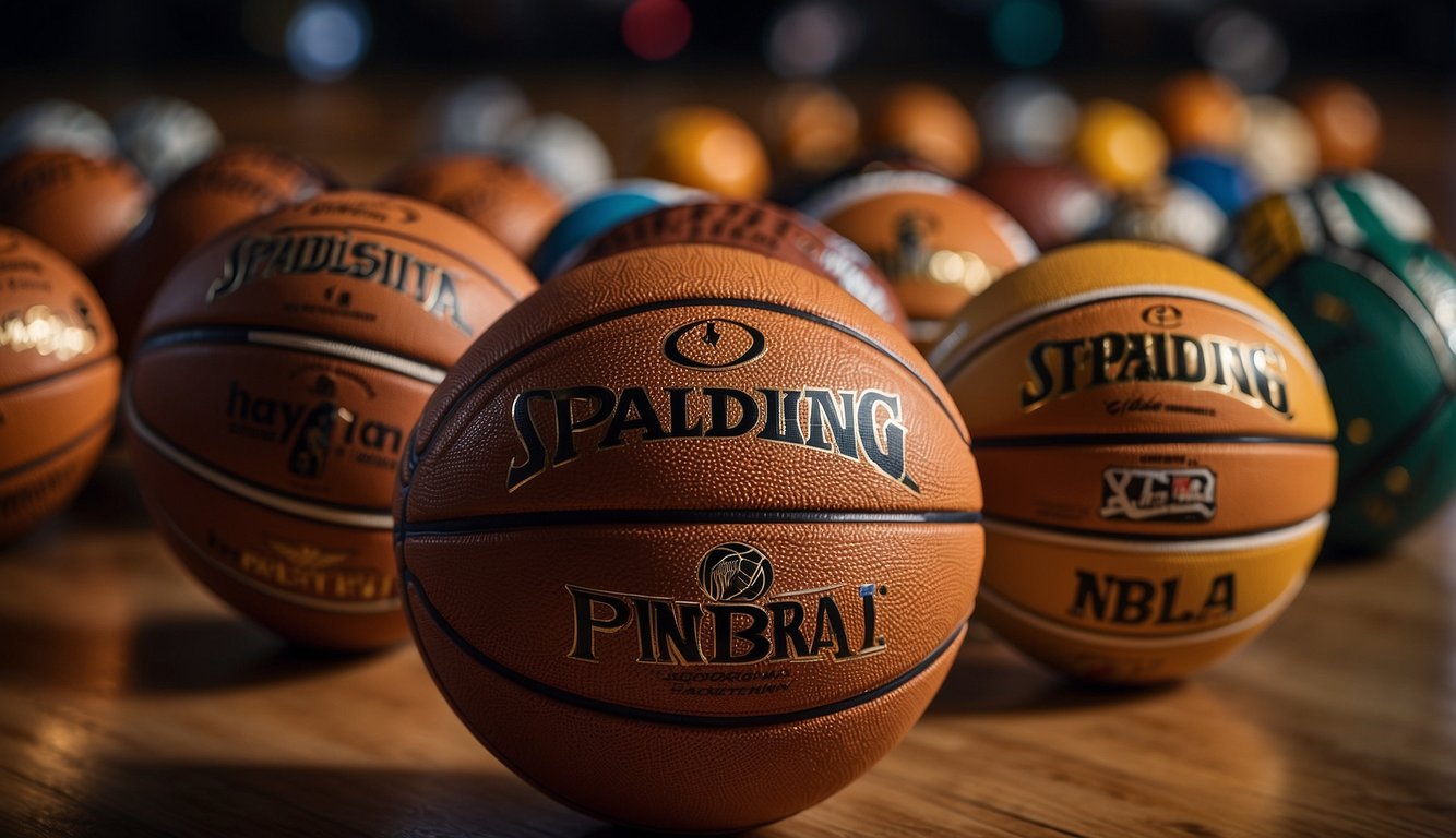 Several basketballs scattered on a court, each with the NBA logo, surrounded by empty basketball jerseys with different team logos