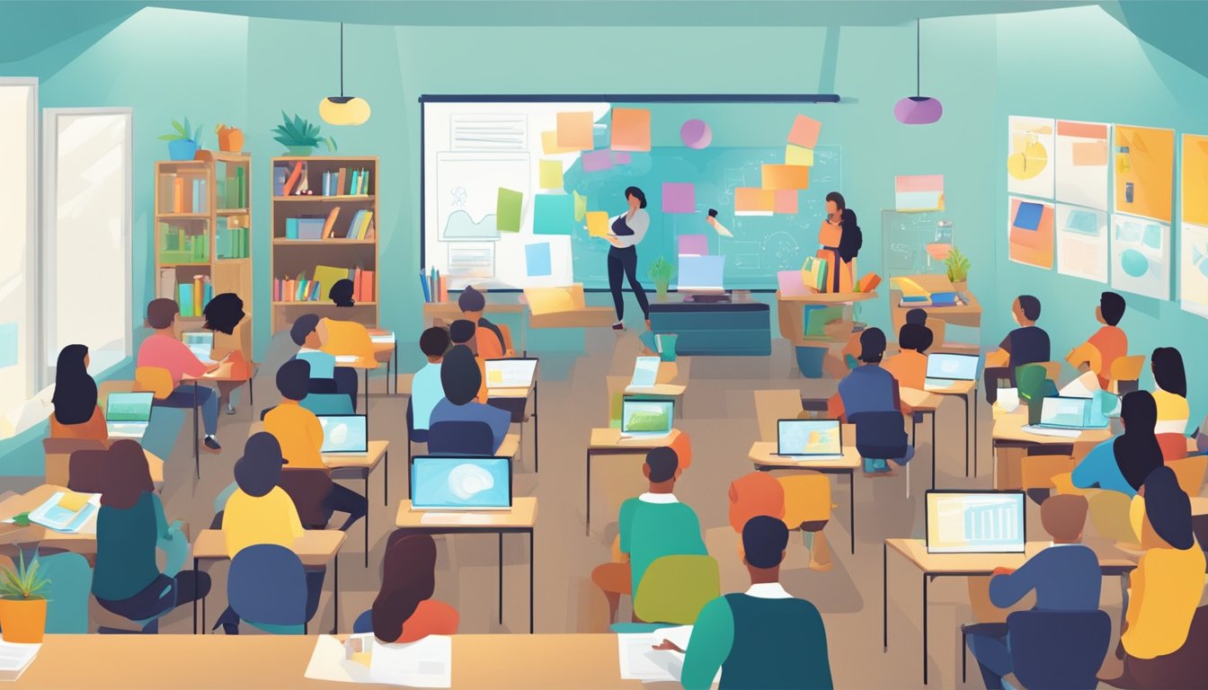 A classroom filled with engaged students, surrounded by colorful and interactive learning materials, with the teacher using technology and creative methods to deliver the lesson