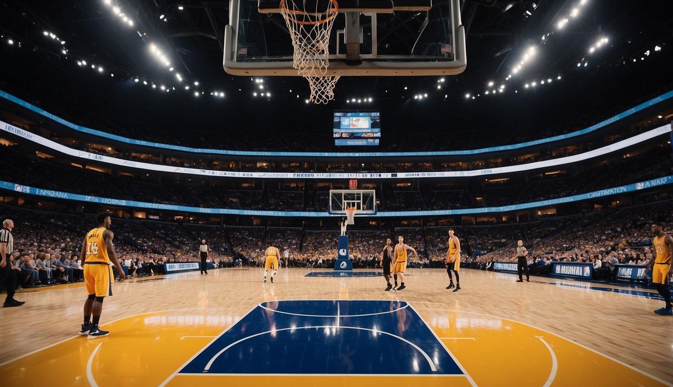 A basketball court with two teams of five players each, competing in a professional NBA game, with referees, coaches, and fans in the stands