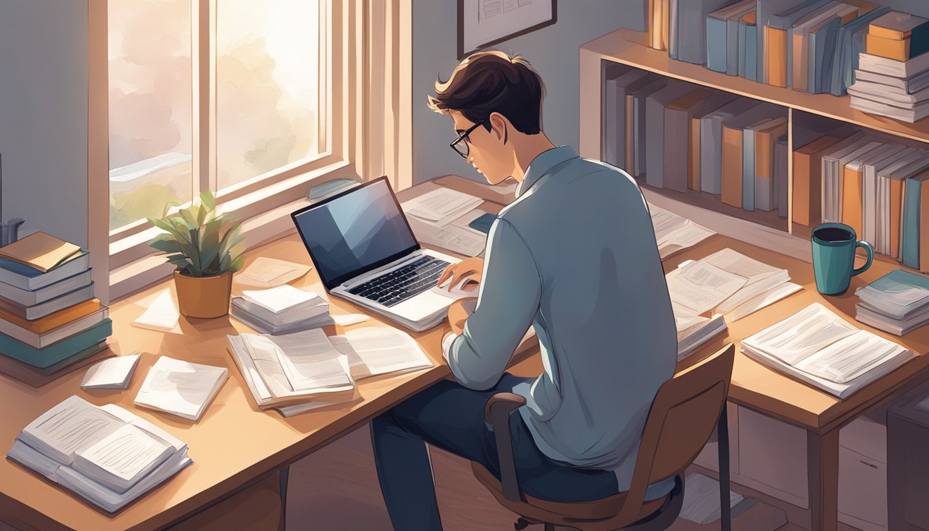 A student sits at a desk with books and a laptop, surrounded by papers and notes. The room is quiet, with soft light coming in from the window