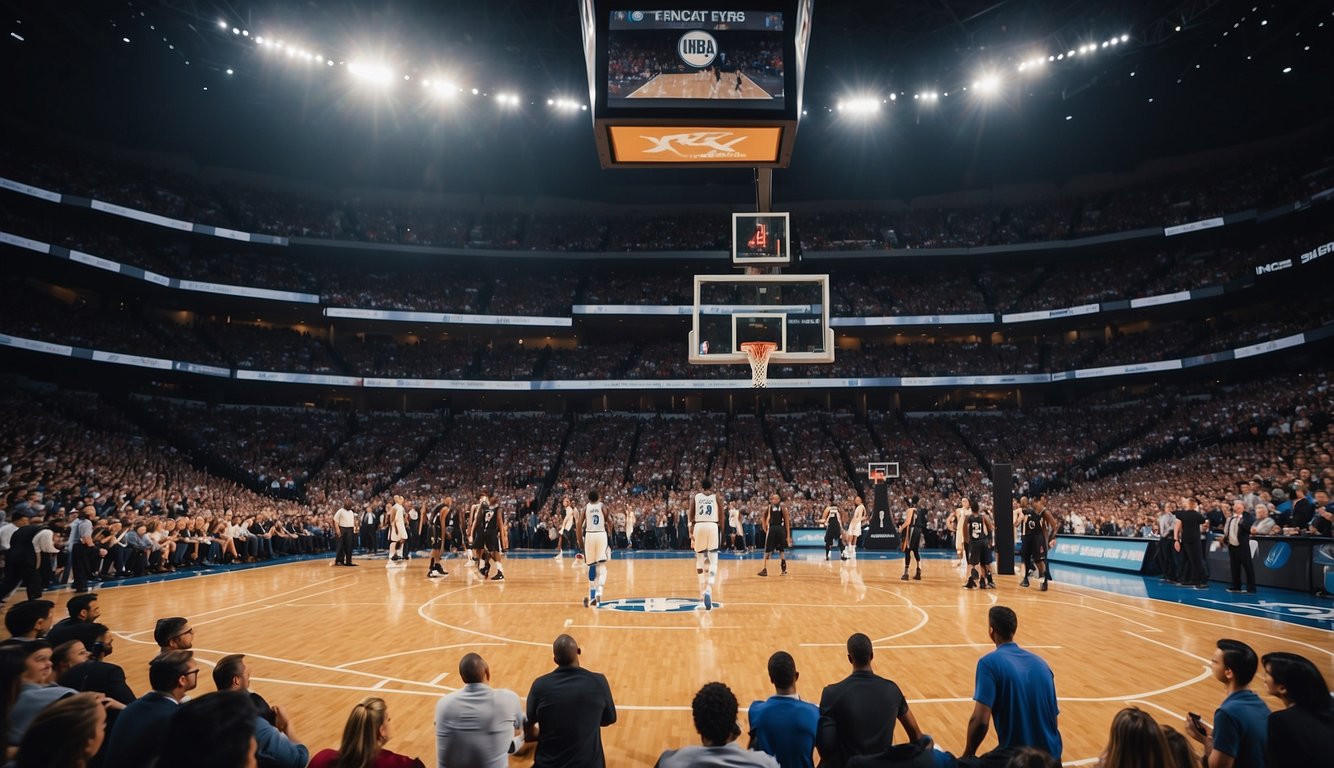 A basketball court with two teams playing, surrounded by cheering fans and coaches on the sidelines. The NBA logo is prominently displayed on the court