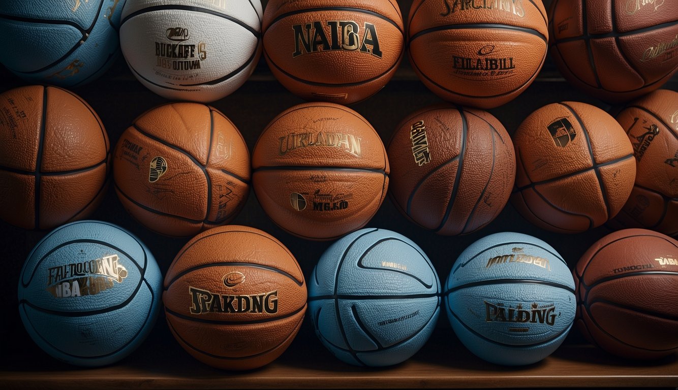 Several basketballs arranged in a circle, with each ball representing a different NBA player