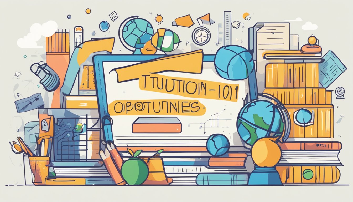 A colorful banner with "SAM Tuition Details and Opportunities" displayed prominently, surrounded by symbols of education and learning