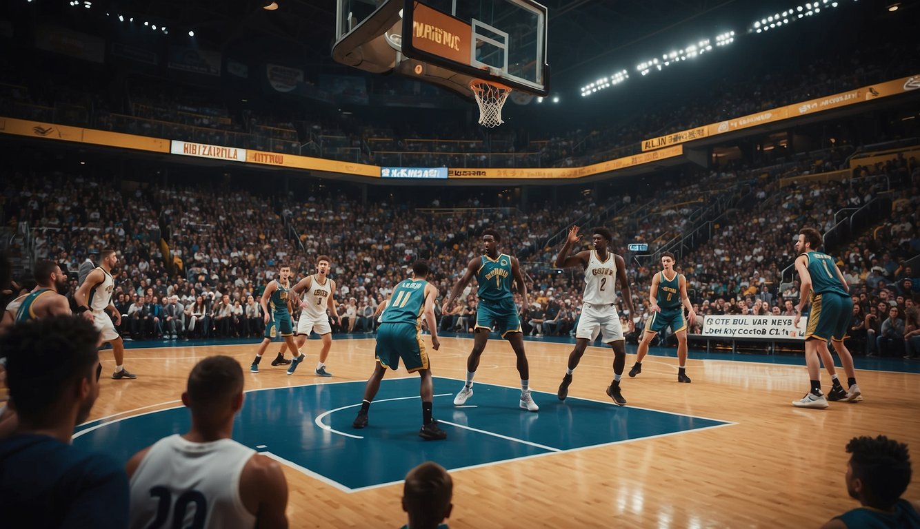 A basketball court with 10 players in action, dribbling, passing, and shooting towards the hoop. The crowd cheers and the scoreboard displays the score