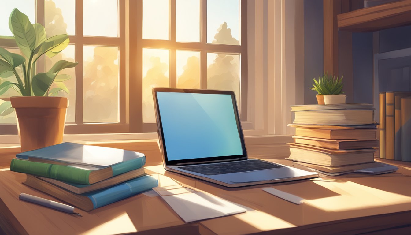 A stack of books and a laptop on a desk, with a pencil and notepad nearby. A window with sunlight streaming in, casting a warm glow on the workspace