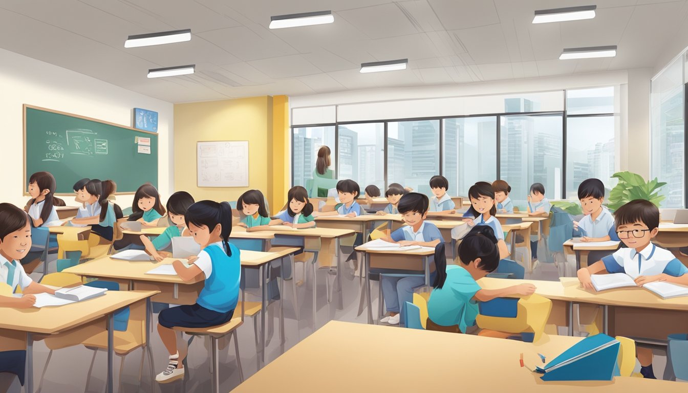 A bustling tuition centre at Serangoon Central, with students studying and teachers instructing in various classrooms