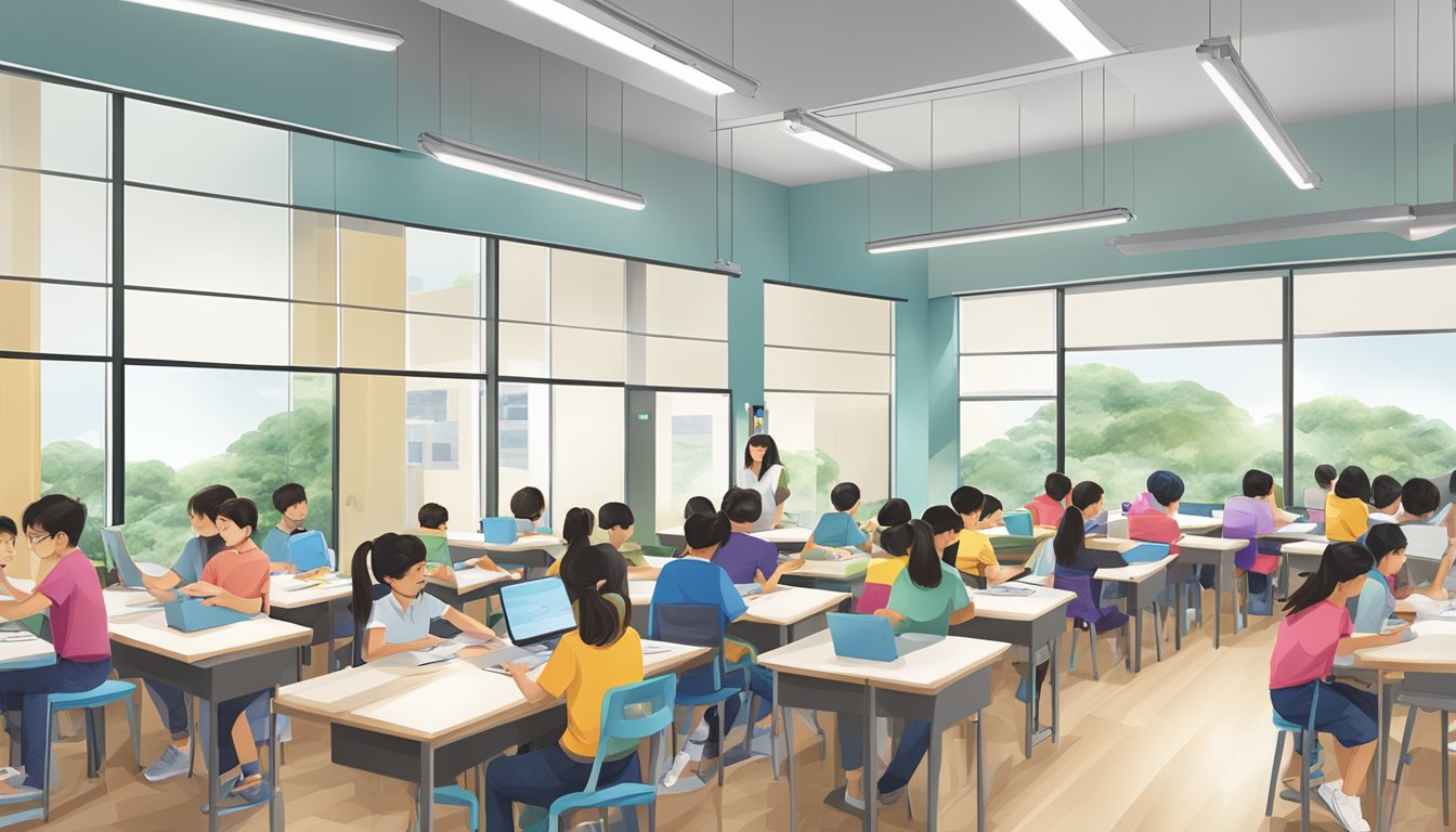 A bustling tuition centre at Serangoon Central with students engaged in comprehensive learning programmes