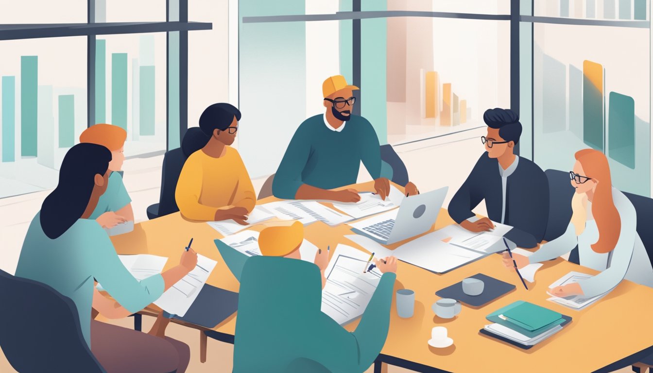 A group of people sitting around a table, engaging in open and honest conversation. Documents and charts are spread out, symbolizing transparency and trust
