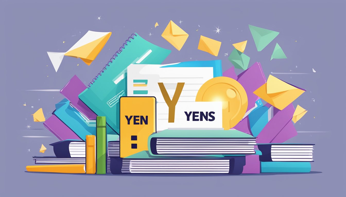A stack of FAQ papers with "Yens Tuition" logo, surrounded by question marks and a bright spotlight above