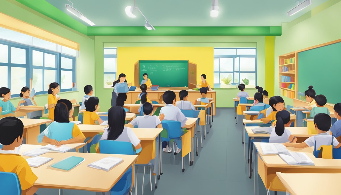 A bustling tuition centre at Serangoon Central, with bright classrooms and engaged students