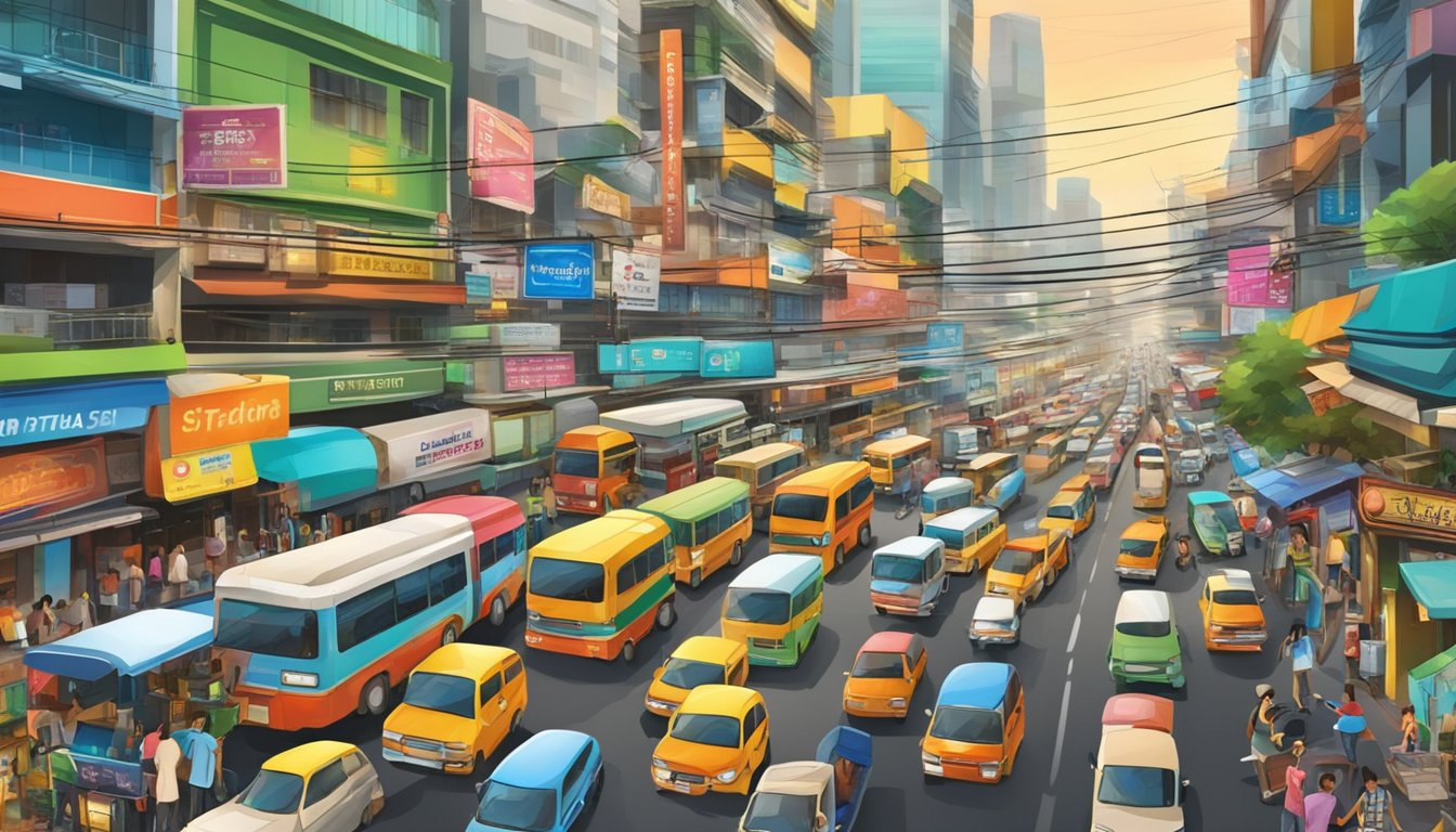A bustling street in Bangkok, with colorful signs and busy traffic