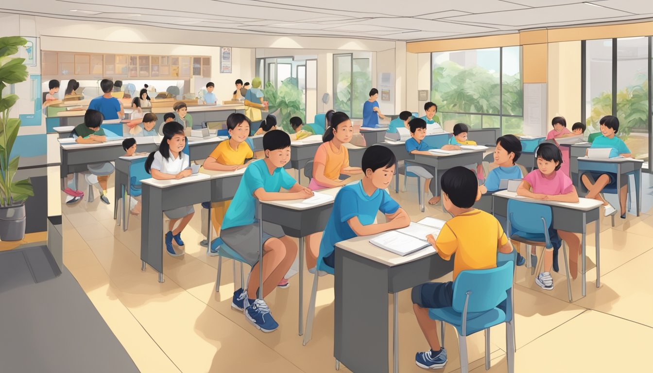 A bustling tuition centre at Serangoon Central with students studying, teachers instructing, and parents waiting in the reception area