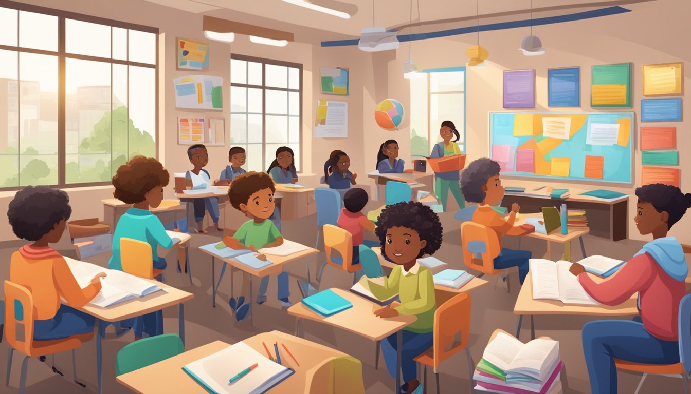 A classroom with diverse students engaged in interactive learning activities, surrounded by educational materials and resources
