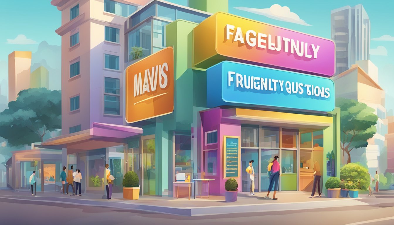A colorful sign with "Frequently Asked Questions" and "Mavis Tuition Bangkok" displayed prominently
