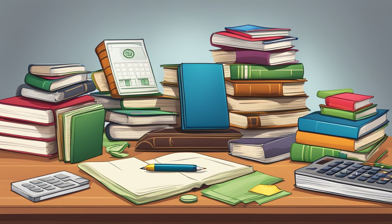 A stack of books and a calculator on a desk, with a diploma hanging on the wall, surrounded by dollar signs and a tax form