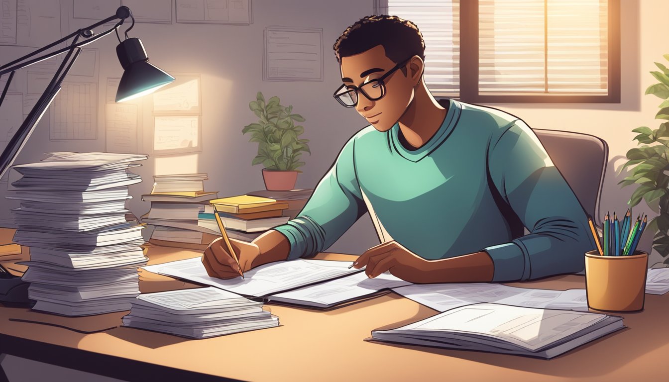 A student sitting at a desk, surrounded by textbooks and a laptop, with a calculator and tax forms on the table. A light shining on the forms, emphasizing the concept of tuition tax credits