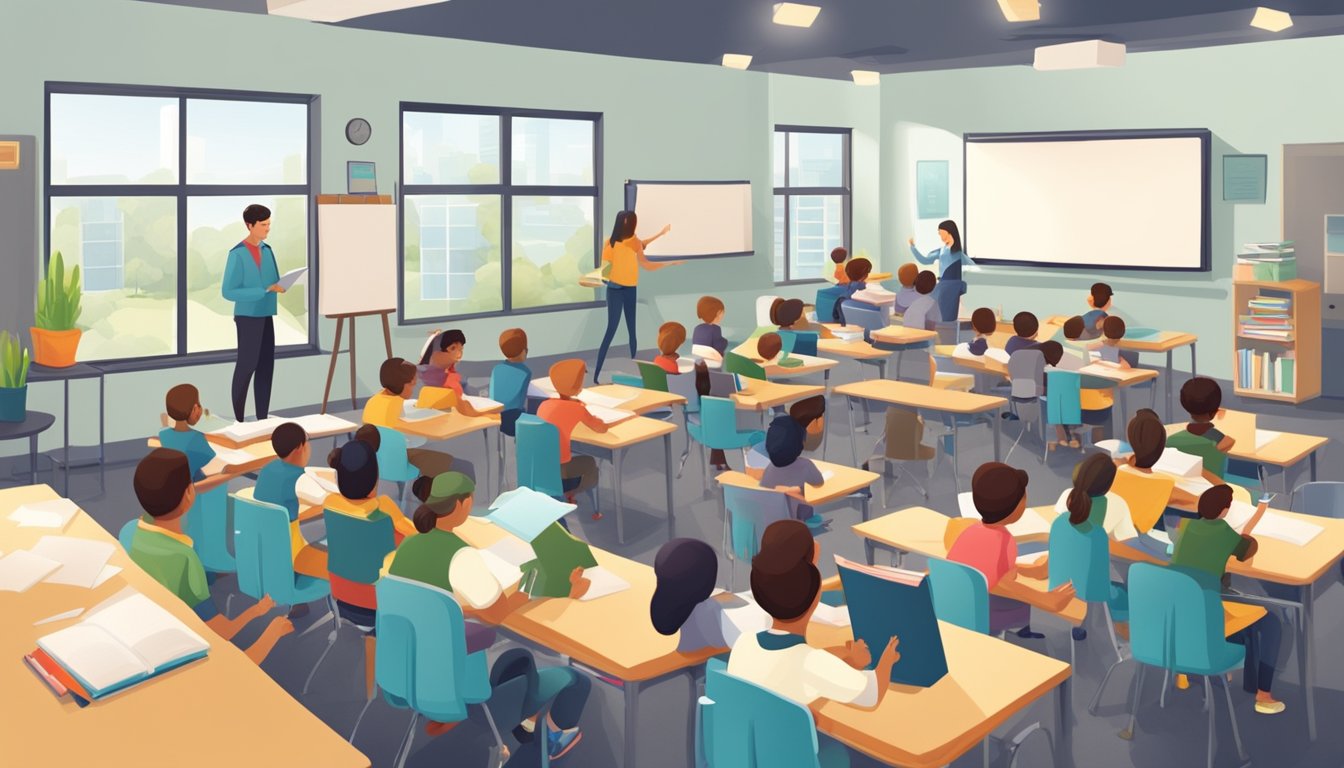 A bustling tuition centre with students engaged in learning, books and whiteboards filling the room, and a dedicated teacher at the front of the classroom