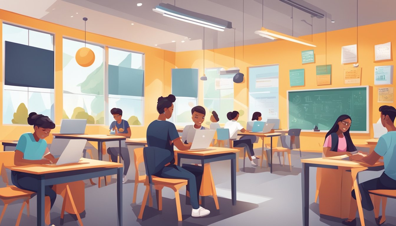 A modern, bustling tuition centre with students engaged in learning, bright decor and motivational posters on the walls