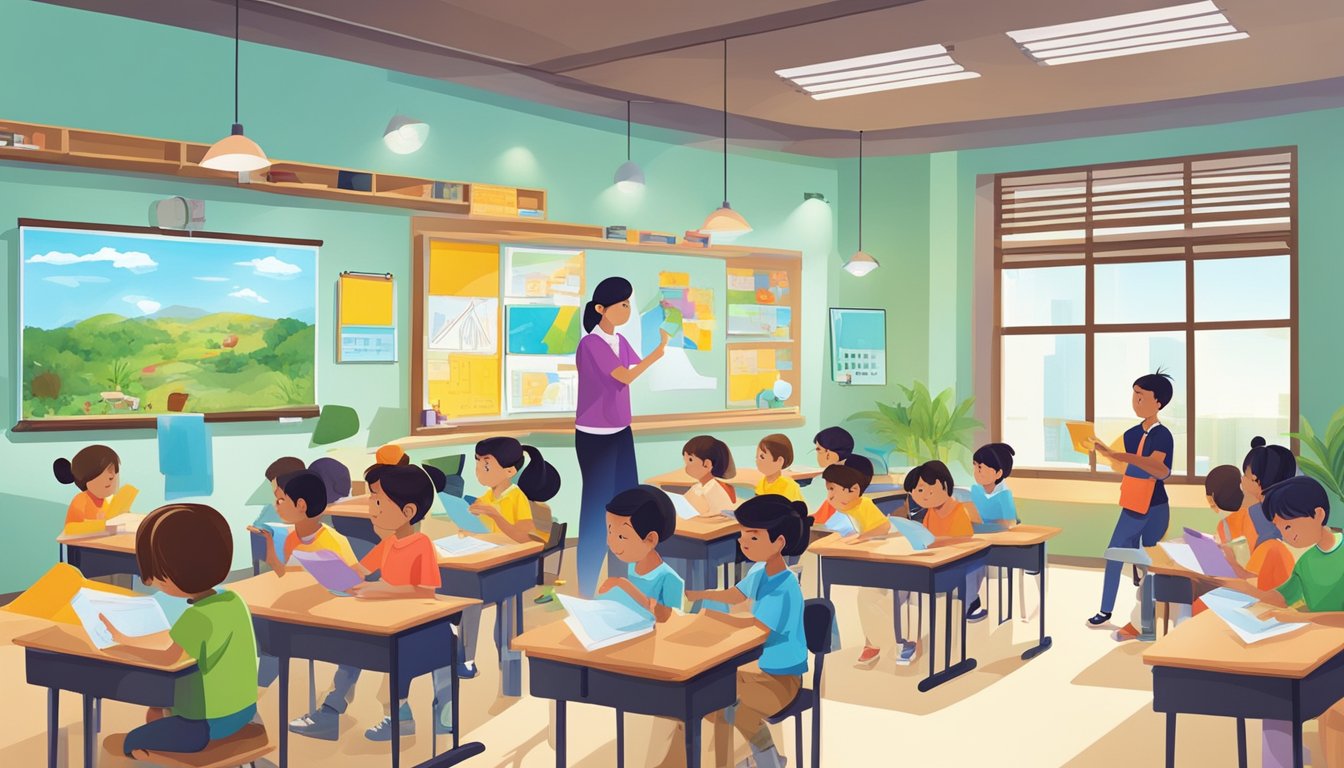 Students engage in interactive learning at Uptrend Tuition Centre, with vibrant visual aids and hands-on activities. The atmosphere is dynamic, fostering a love for learning