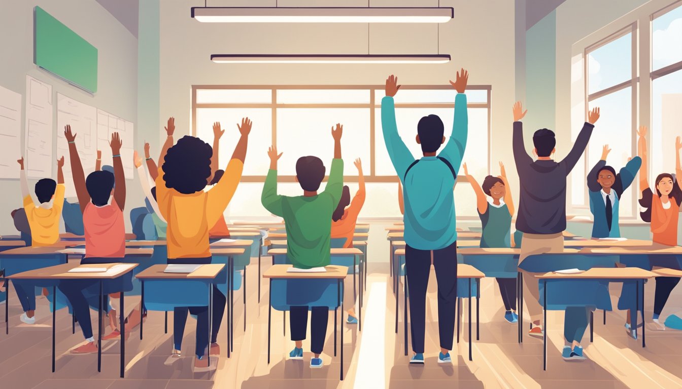 A group of students eagerly raise their hands in a bright, modern classroom at the Frequently Asked Questions uptrend tuition centre