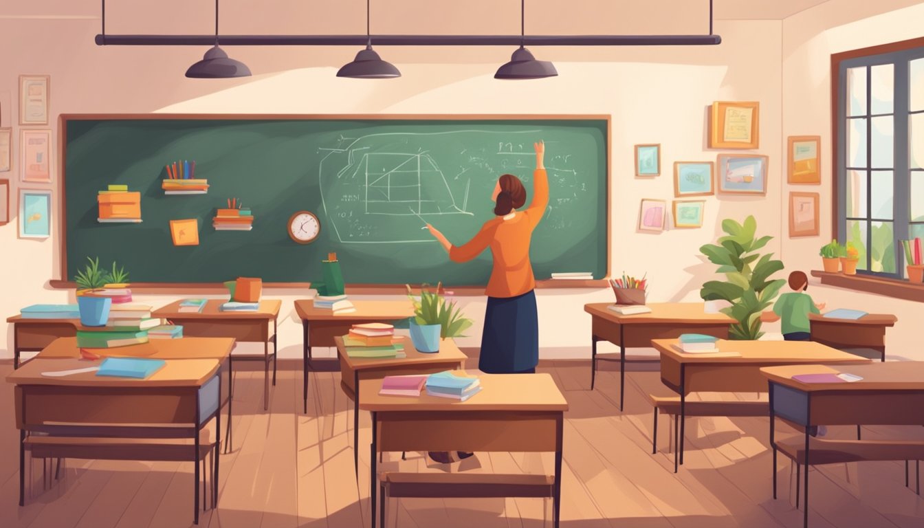 A cozy classroom with a chalkboard, desks, and books. A friendly teacher helps students with English lessons