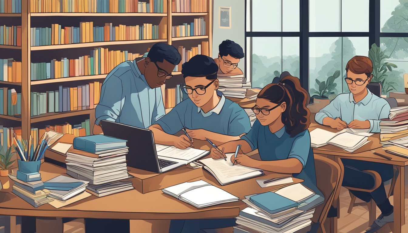 Students studying diligently at a desk, surrounded by books and notes, with a tutor providing guidance and support