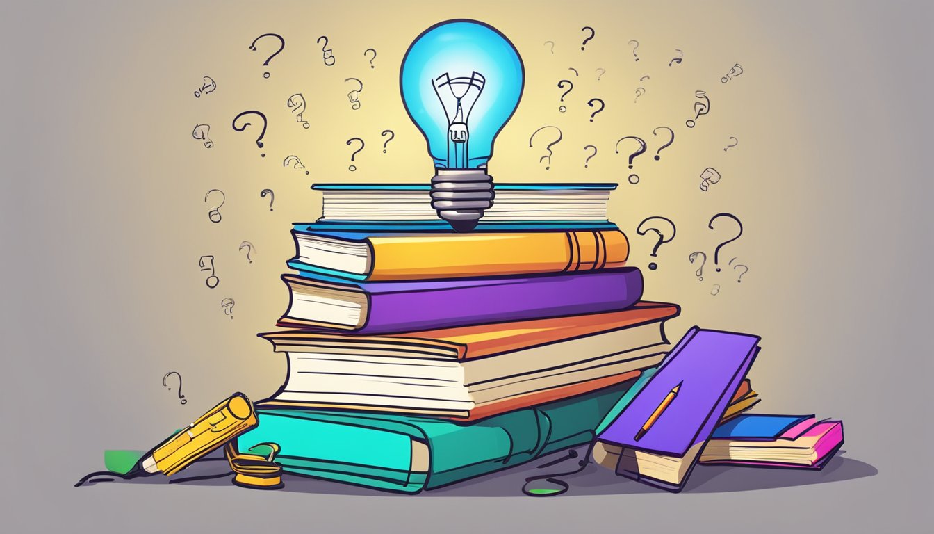 A stack of colorful textbooks surrounded by question marks and a lightbulb, symbolizing learning and understanding
