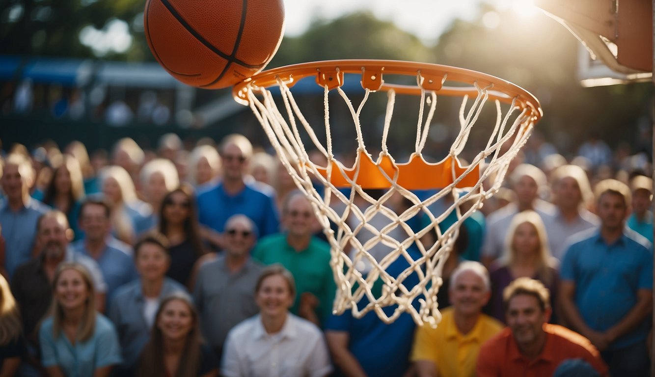 A basketball hoop stands in a vibrant outdoor court, surrounded by cheering fans. The ball swishes through the net, capturing the excitement of the game