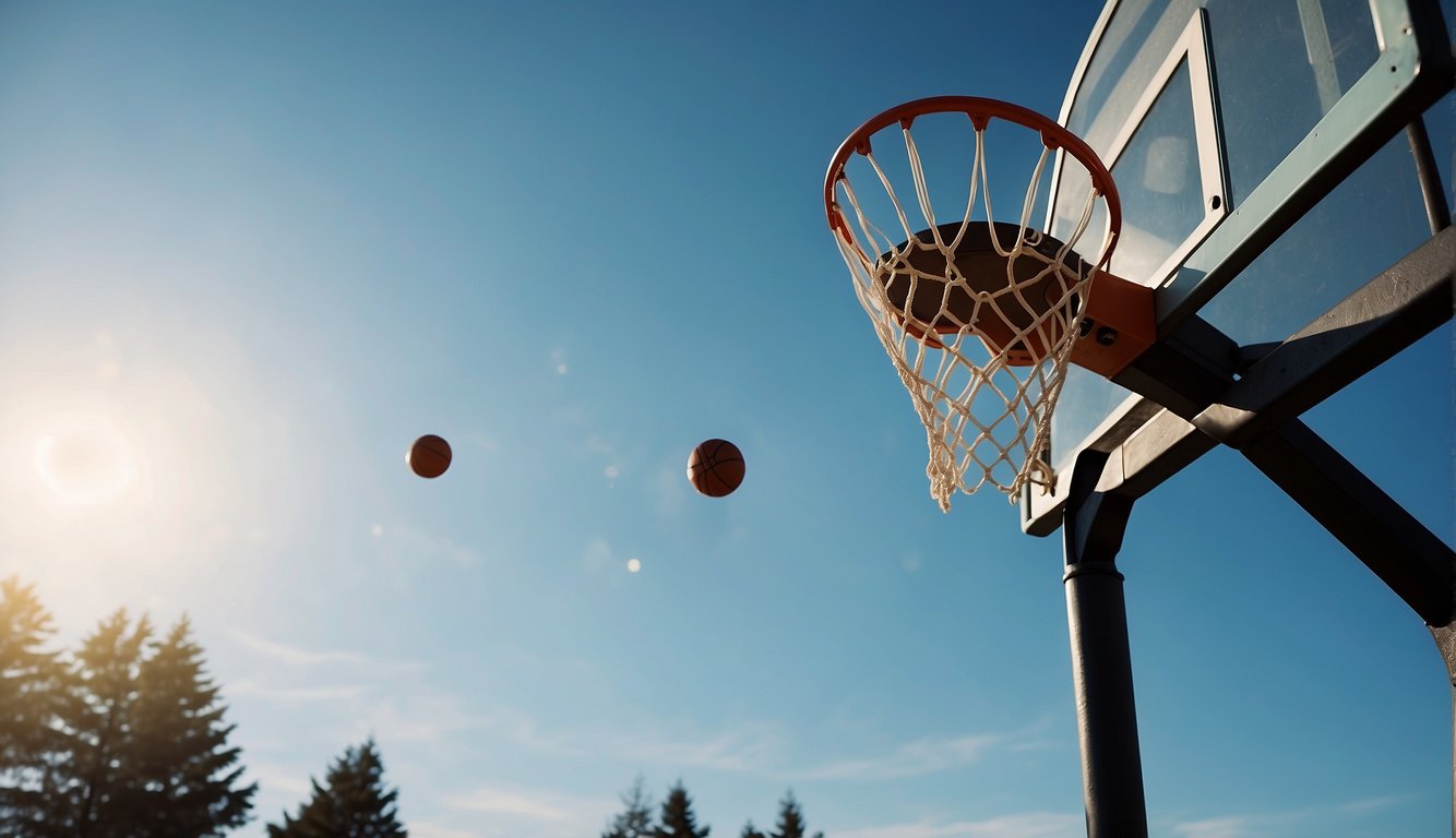 A basketball hoop stands tall against a clear blue sky, while a basketball bounces on the court, with players in the background