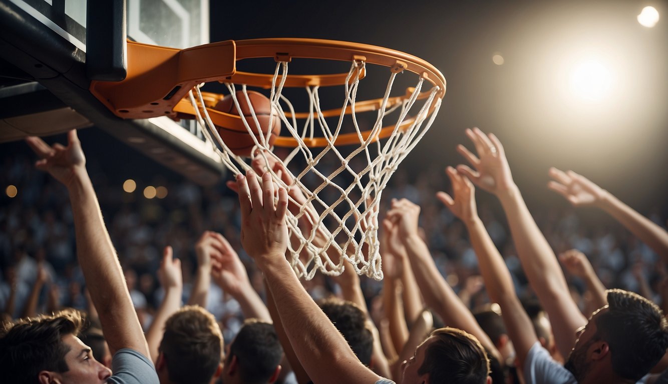 A basketball hoop with a ball going through the net, surrounded by a group of cheering spectators