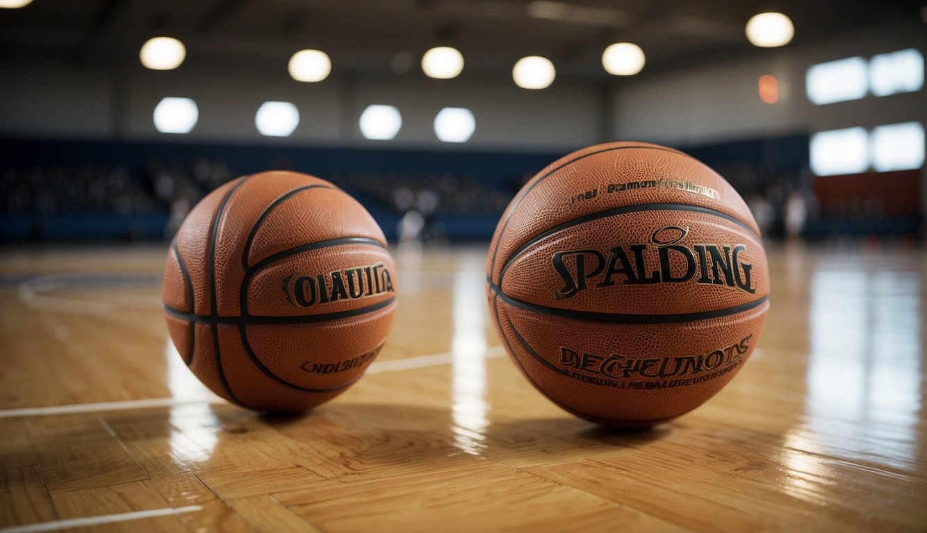 A basketball with "Design Innovations" logo, priced under $1000, on a clean, indoor basketball court with bright lighting and a hoop in the background