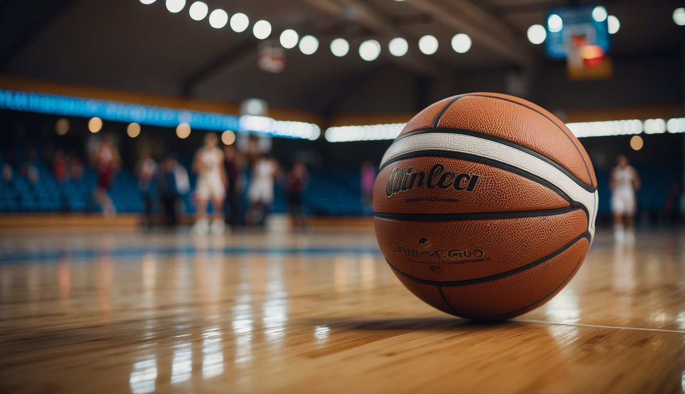 A basketball sits on a clean, indoor court. The ball is surrounded by various options, with a price tag of "under 1000" prominently displayed