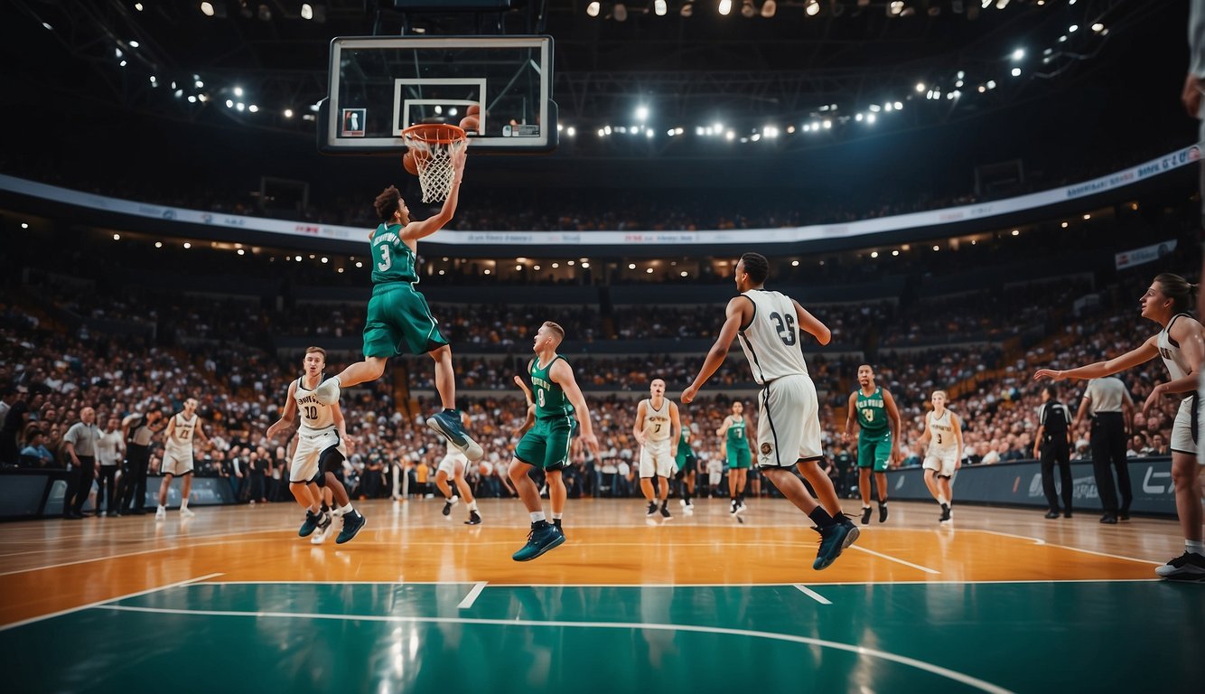 A basketball bouncing on a vibrant court, surrounded by eager players and cheering fans