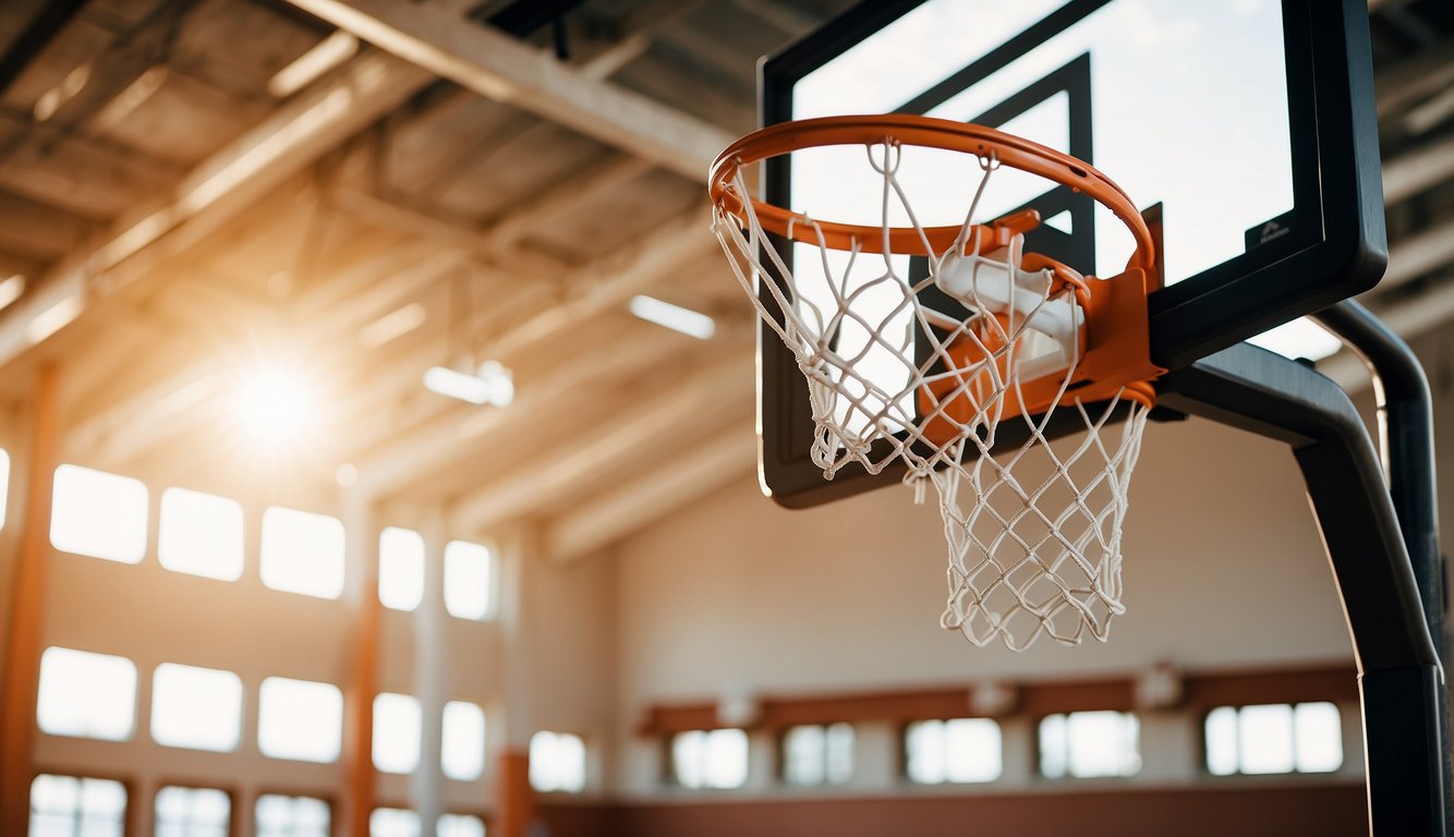 A basketball hoop stands in a sunlit gym, with a sleek, black and orange basketball resting on the court