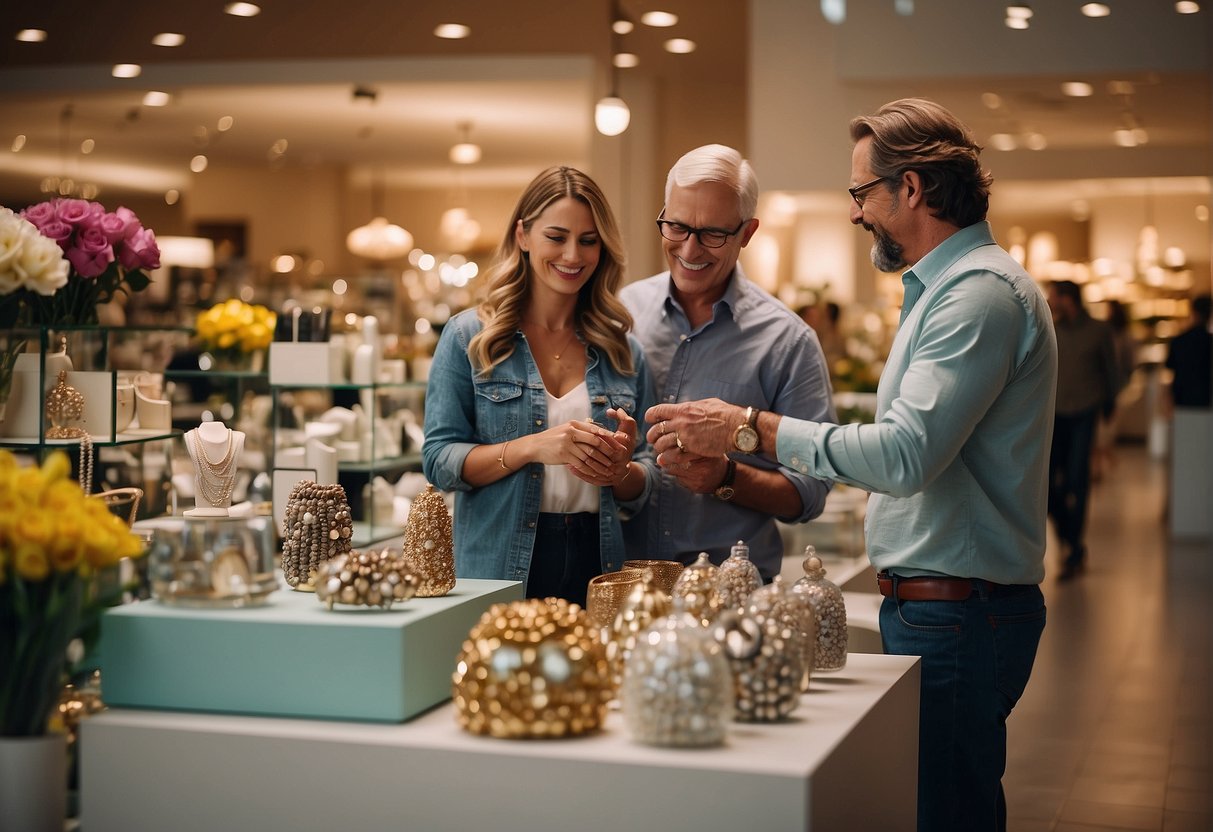 A couple browsing through a variety of gift options, including jewelry, flowers, and personalized items, while a salesperson assists them with their 36th wedding anniversary shopping