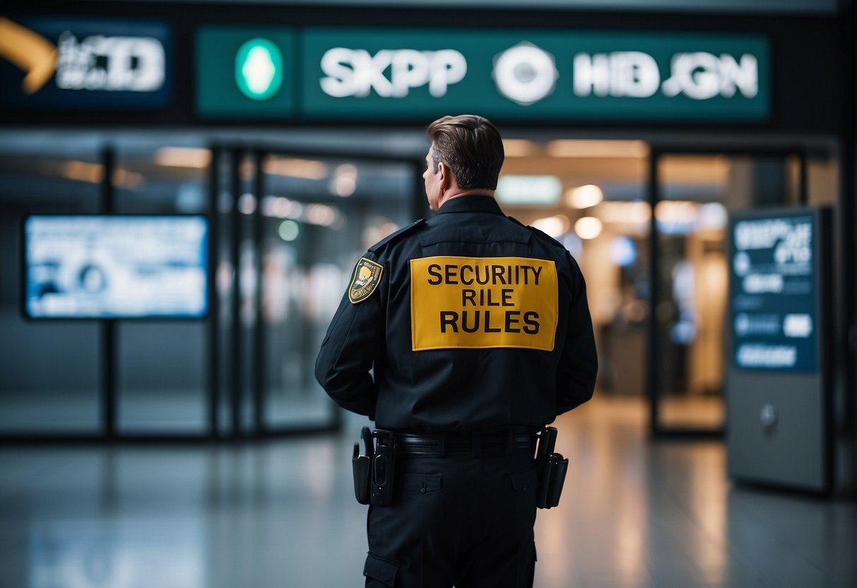 A security guard monitors the entrance, while a sign displays fair play rules. Crypto transactions are encrypted and monitored