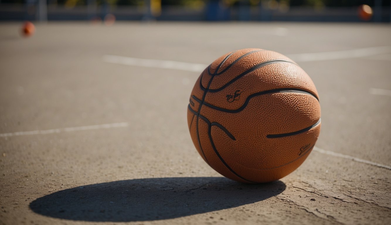 A basketball bouncing on a concrete court, with visible texture and wear on the surface